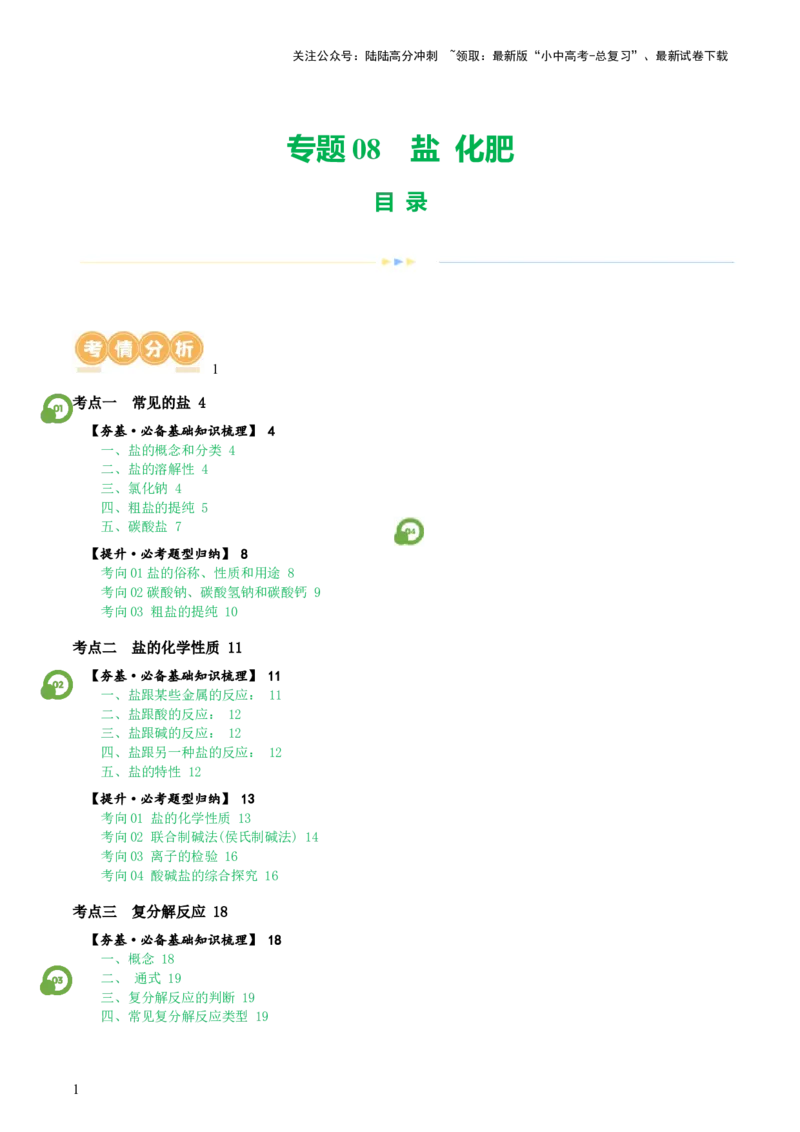 专题08盐化肥（讲义）-2024年中考化学一轮复习讲练测（全国通用）（原卷版）_02中考总复习（2026版更新中）_05-化学-中考总复习_2024年中考复习资料_一轮复习资料