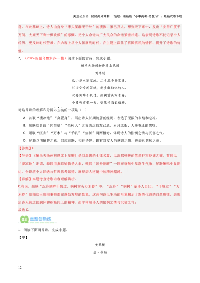 专题08：古诗词鉴赏之诗句赏析(练习）解析版_02中考总复习（2026版更新中）_01-语文-中考总复习_2026年中考复习（更新中）