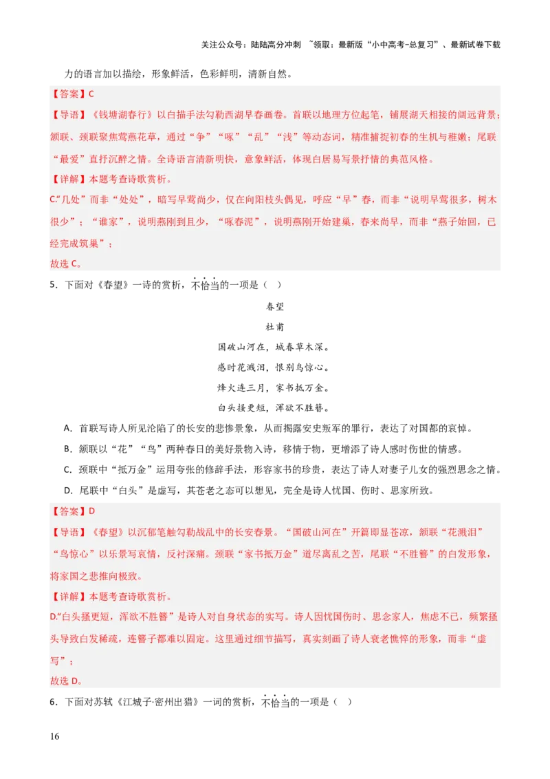 专题08：古诗词鉴赏之诗句赏析(练习）解析版_02中考总复习（2026版更新中）_01-语文-中考总复习_2026年中考复习（更新中）