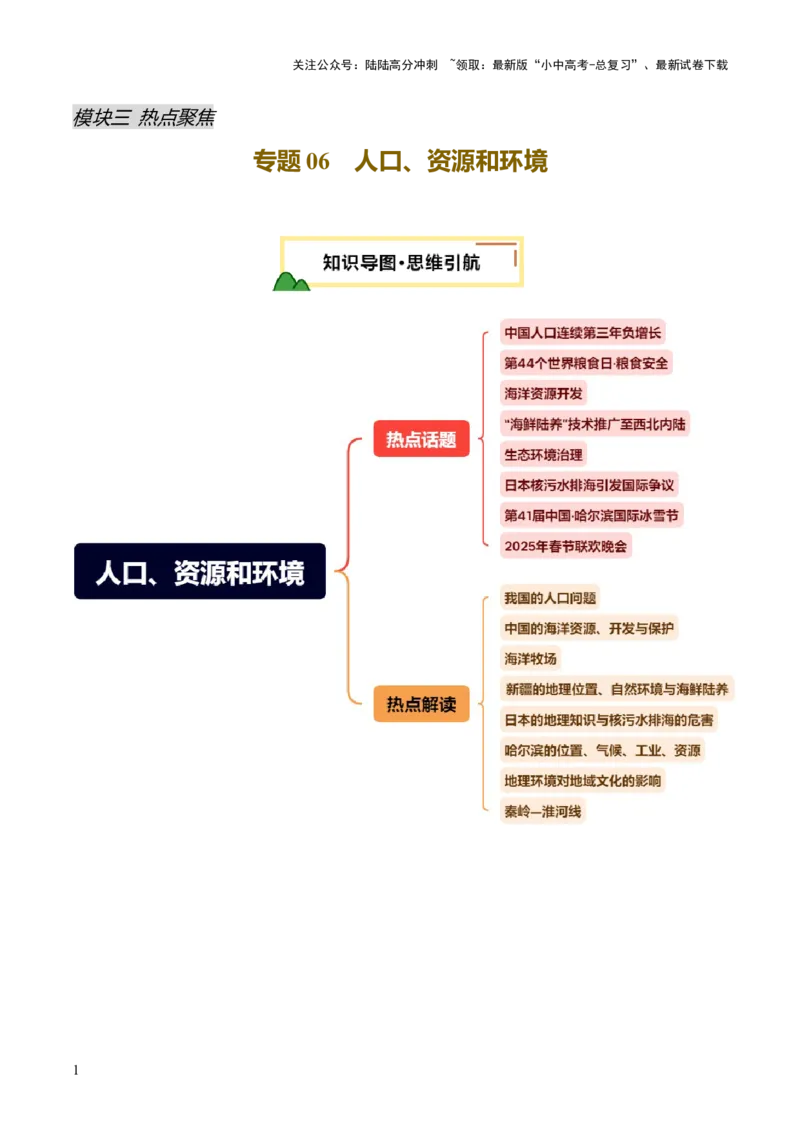 专题06人口、资源和环境（8大热点话题+8大考点提炼）（讲练）-2025年中考地理二轮复习（全国通用）（原卷版）_02中考总复习（2026版更新中）_09-地理-中考总复习_2025中考地理复习资料