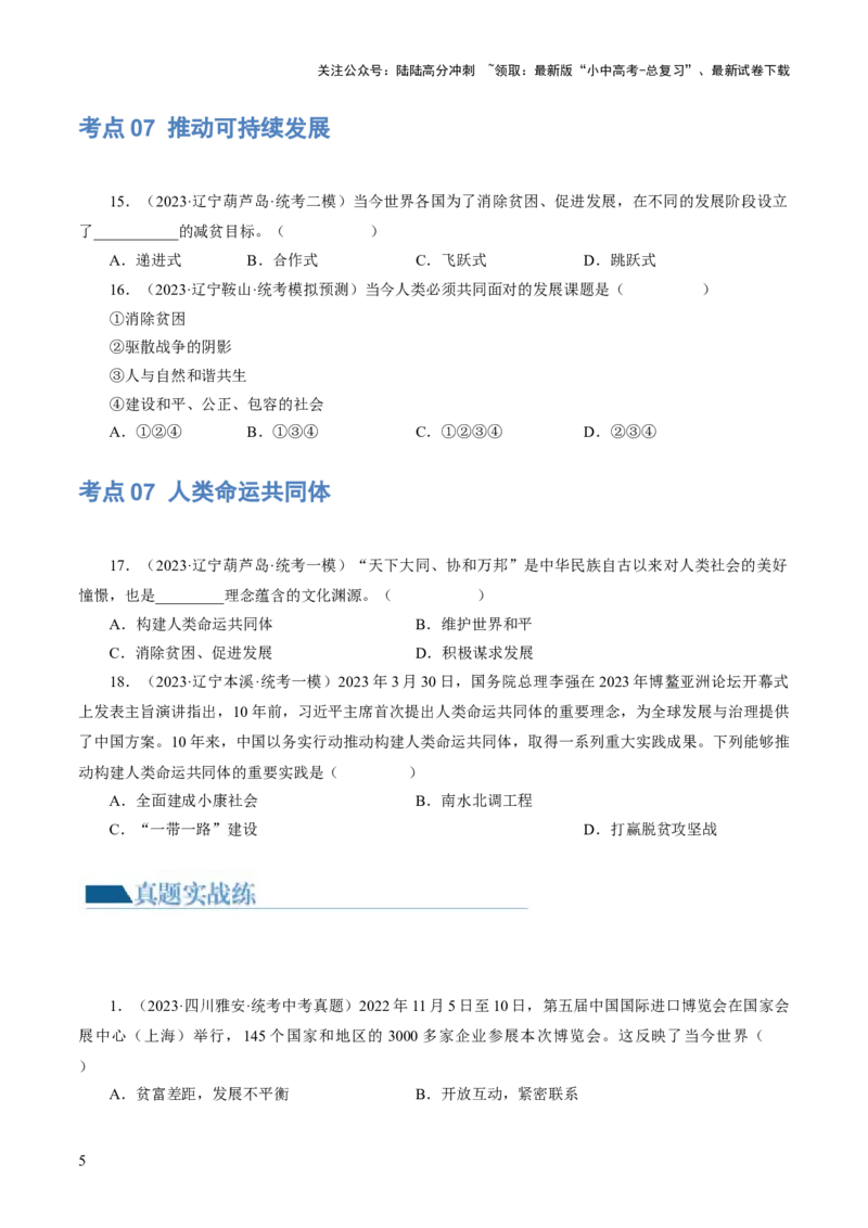 专题05我们共同的世界（练习）（原卷版）_02中考总复习（2026版更新中）_07-道法-中考总复习_2024年中考复习资料_一轮复习_2024年中考道德与法治一轮复习讲练测（全国通用）