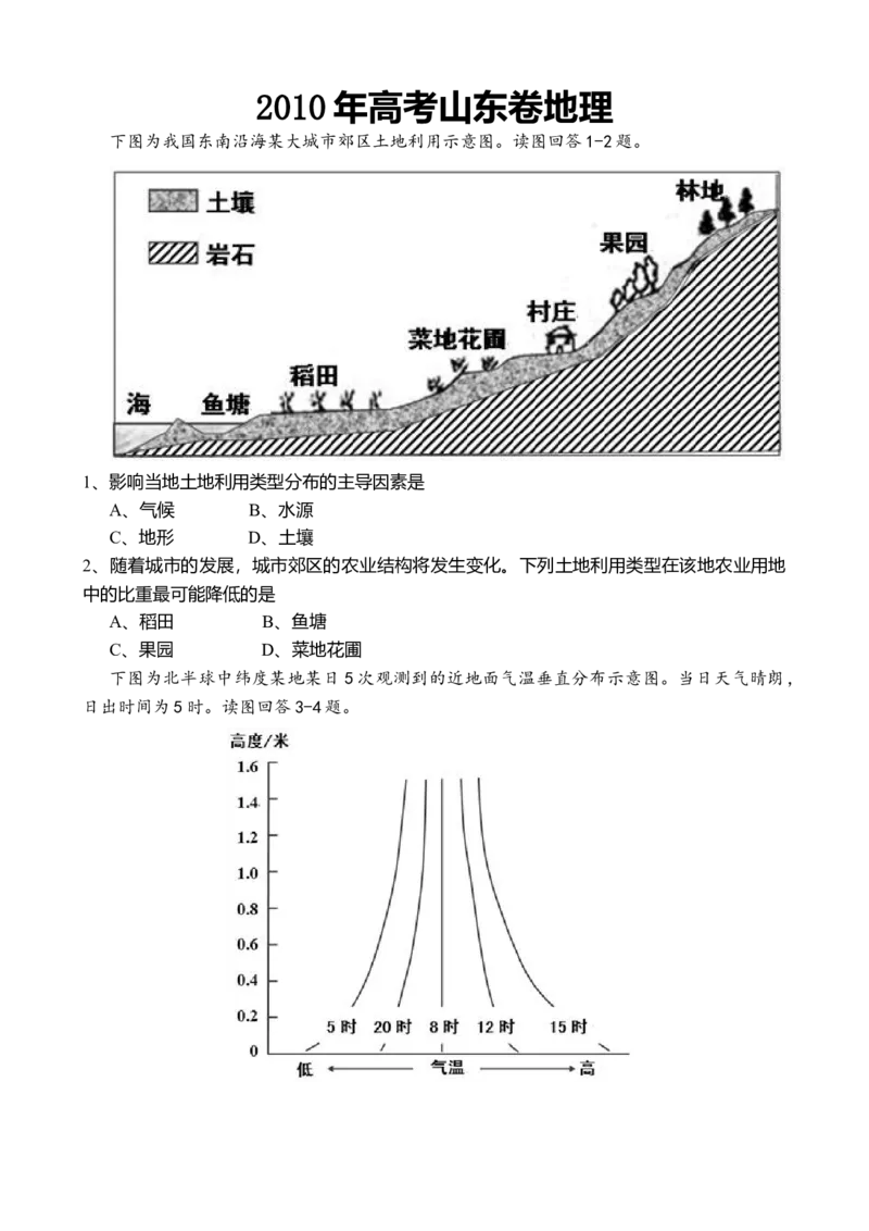 2010年高考真题地理（山东卷）（原卷版）_全国卷+地方卷_8.地理_1.地理高考真题试卷_2008-2020年_地方卷_山东高考地理08-21_山东高考地理_A4版