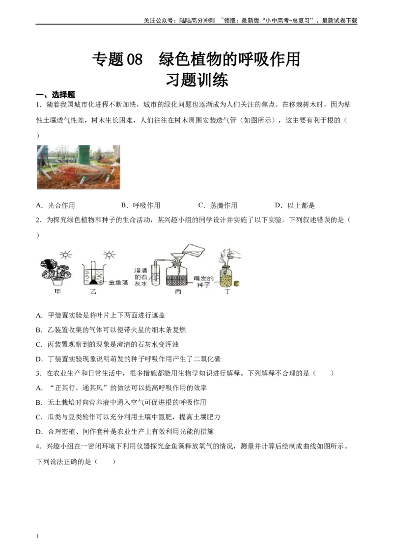 专题08绿色植物的呼吸作用（习题精练）（全国通用）（原卷版）_02中考总复习（2026版更新中）_08-生物-中考总复习_2024年中考复习资料_一轮复习_配套练习（原卷版+解析版）