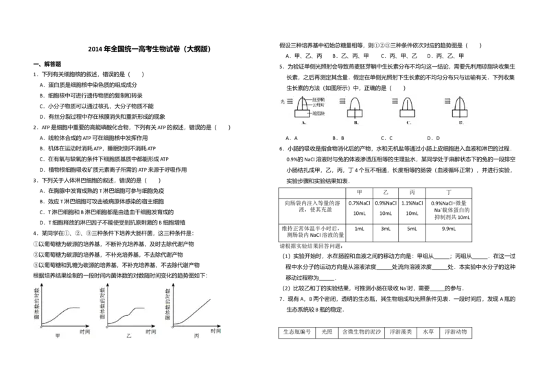 2014年全国统一高考生物试卷（大纲版）（原卷版）_全国卷+地方卷_6.生物_1.生物高考真题试卷_2008-2020年_全国卷_全国统一高考生物（新课标ⅱ）08-21_A3word版