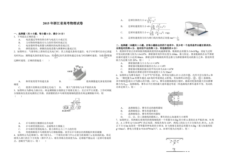 2015年浙江省高考物理6月（原卷版）_全国卷+地方卷_4.物理_1.物理高考真题试卷_2008-2020年_地方卷_浙江高考物理08-21_A3word版_PDF版（赠送）