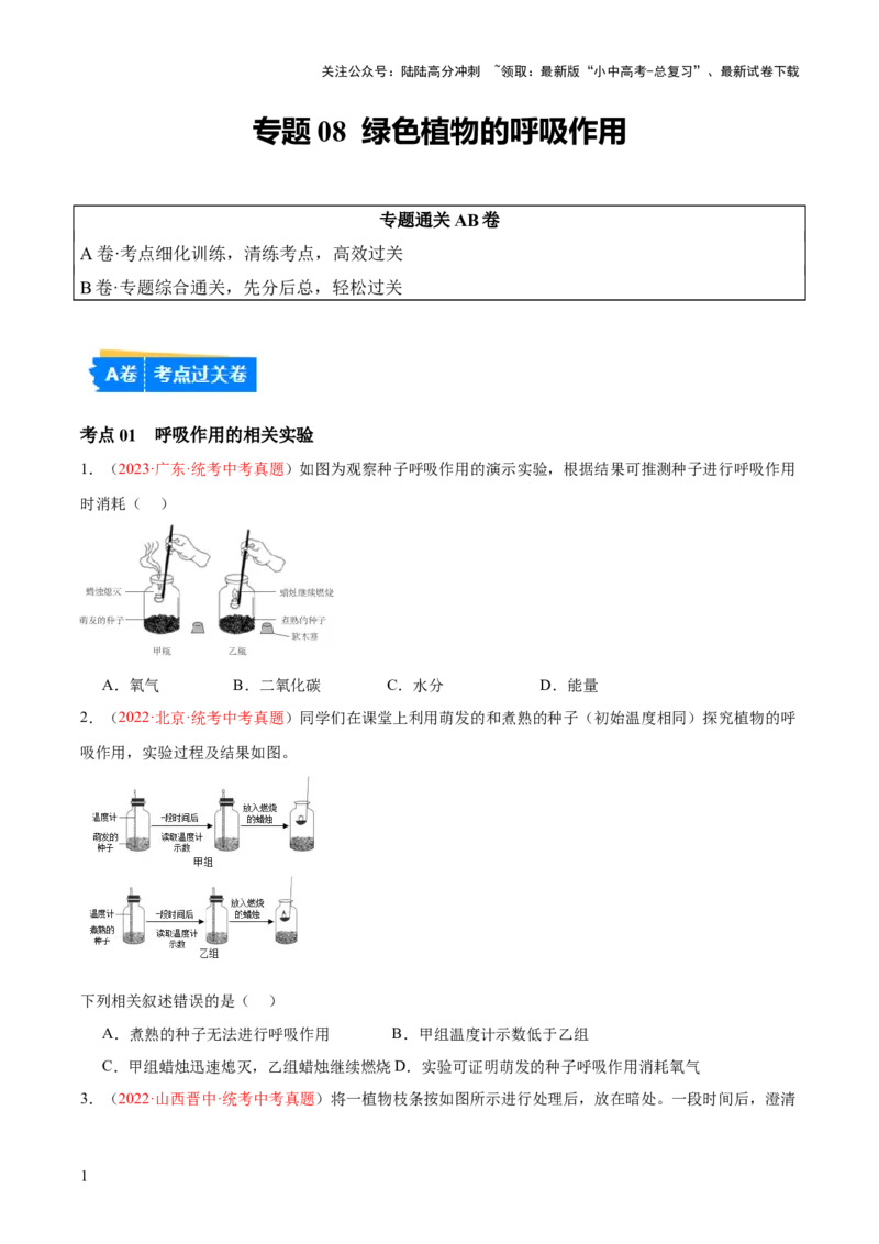 专题08绿色植物的呼吸作用（原卷版）_02中考总复习（2026版更新中）_08-生物-中考总复习_2024年中考复习资料_一轮复习_❤备战2024年中考生物一轮复习考点帮（全国通用）_练习