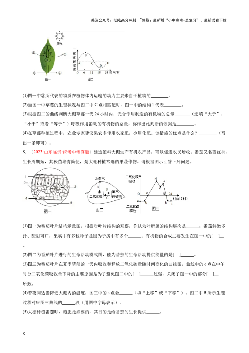 专题08绿色植物的呼吸作用（原卷版）_02中考总复习（2026版更新中）_08-生物-中考总复习_2024年中考复习资料_一轮复习_❤备战2024年中考生物一轮复习考点帮（全国通用）_练习