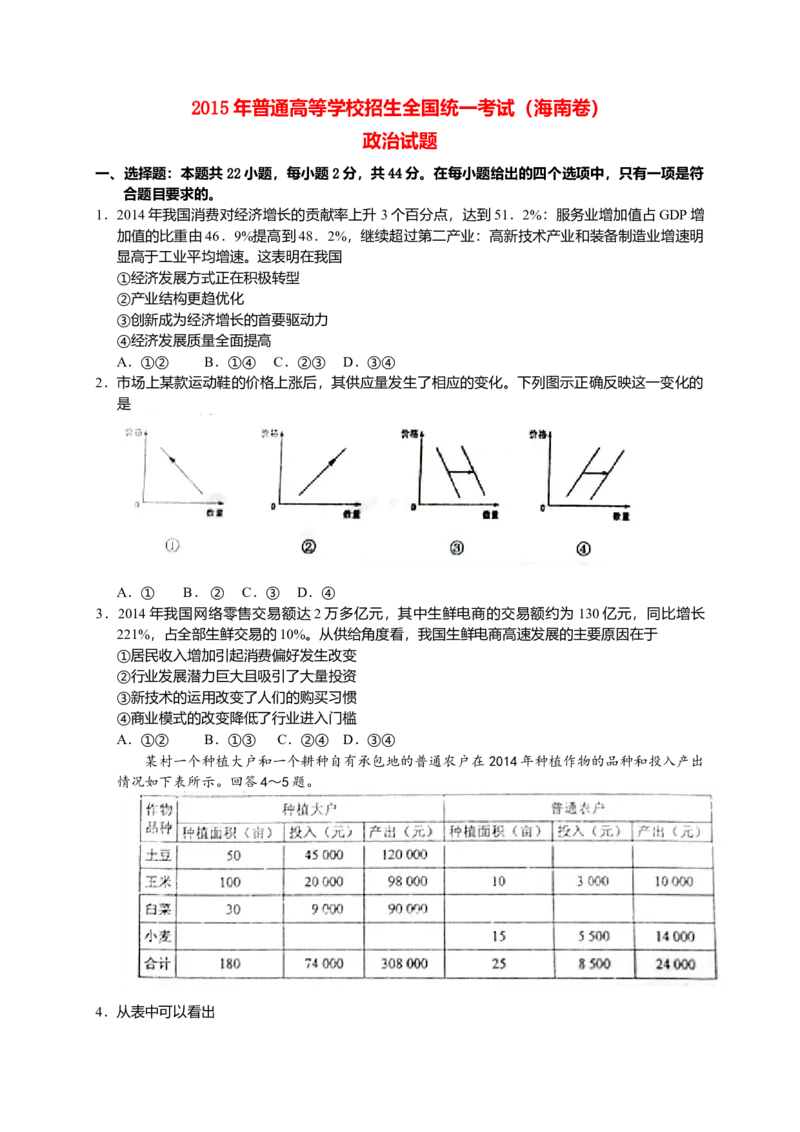 2015年海南省高考政治（原卷版）_全国卷+地方卷_9.政治_1.政治高考真题试卷_2008-2020年_地方卷_海南高考政治08-20_A3word版_原卷版（建议只打印原卷版，答案版手机对答案即可）