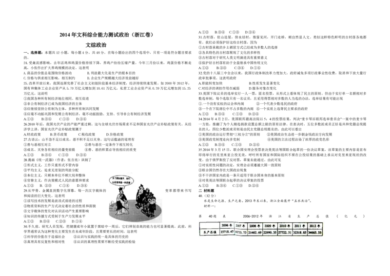 2014年浙江省高考政治（解析版）_全国卷+地方卷_9.政治_1.政治高考真题试卷_2008-2020年_地方卷_浙江高考政治08-21_A3word版_PDF版（赠送）
