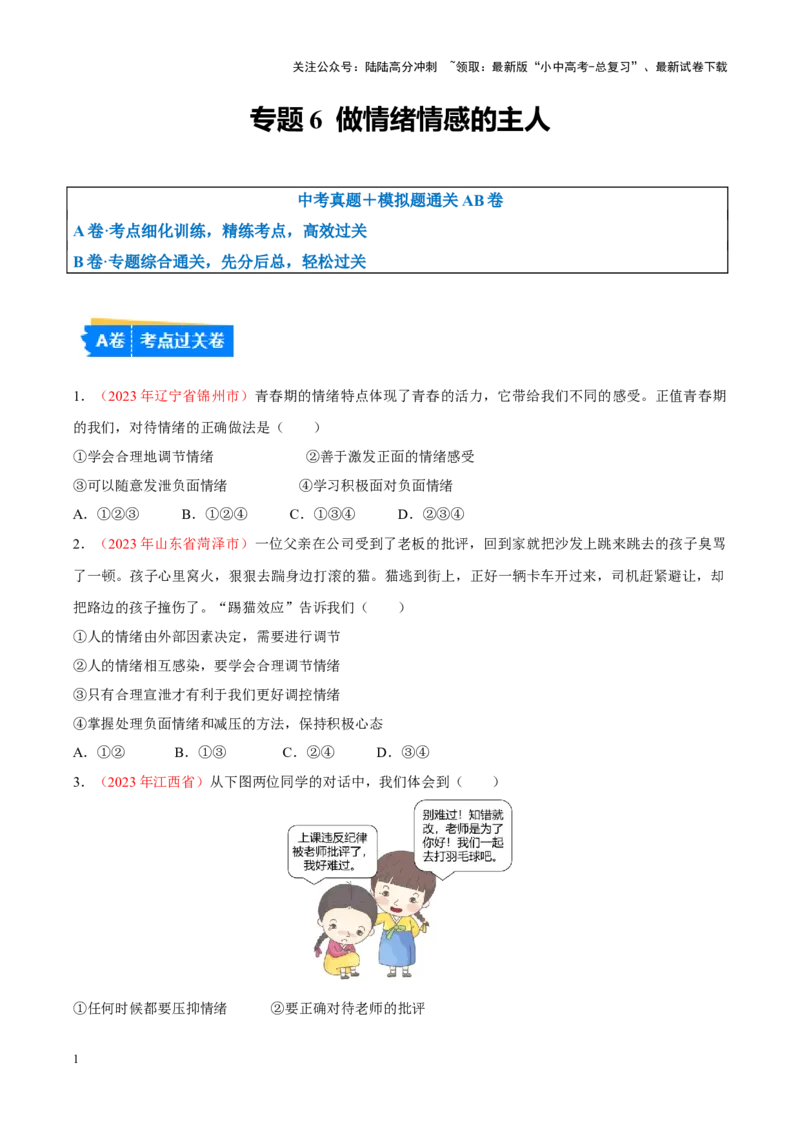 专题06做情绪情感的主人（考点通关）（原卷版）_02中考总复习（2026版更新中）_07-道法-中考总复习_2024年中考复习资料_一轮复习_备战2024年中考道德与法治一轮复习考点帮（全国通用）