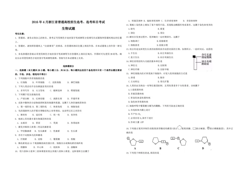 2016年浙江省高考生物4月（解析版）_全国卷+地方卷_6.生物_1.生物高考真题试卷_2008-2020年_地方卷_浙江高考生物08-21_A3word版_PDF版（赠送）