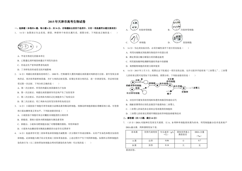 2015年天津市高考生物试卷_全国卷+地方卷_6.生物_1.生物高考真题试卷_2008-2020年_地方卷_天津高考生物07-21_A3word版