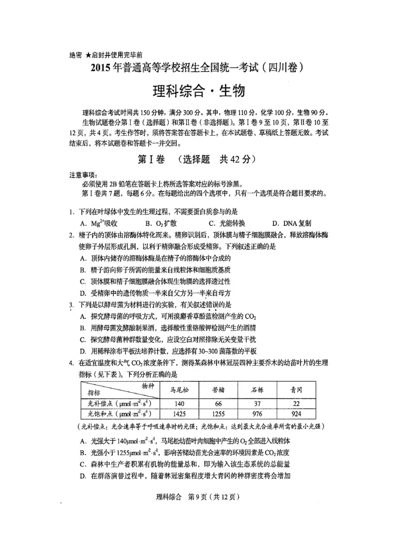 2015年四川省高考生物试卷及答案_全国卷+地方卷_6.生物_1.生物高考真题试卷_2008-2020年_地方卷_四川高考生物08-20