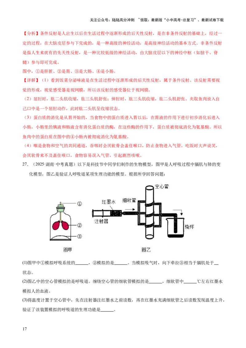 专题05人体的营养和呼吸（全国通用）（原卷版）_02中考总复习（2026版更新中）_08-生物-中考总复习_2026年中考复习（更新中）