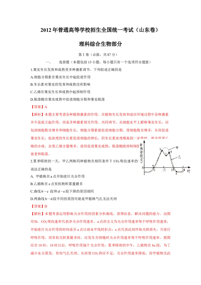 2012年高考真题生物（山东卷）（解析版）_全国卷+地方卷_6.生物_1.生物高考真题试卷_2008-2020年_地方卷_山东高考生物08-21_山东高考生物_A4版