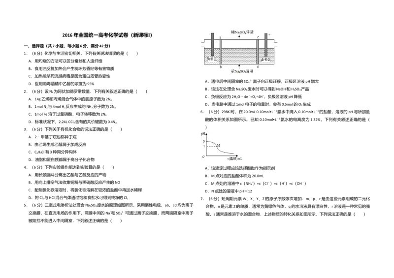 2016年高考真题化学（山东卷）（原卷版）_全国卷+地方卷_5.化学_1.化学高考真题试卷_2008-2020年_地方卷_山东高考化学2008-2021_山东高考化学_A3版