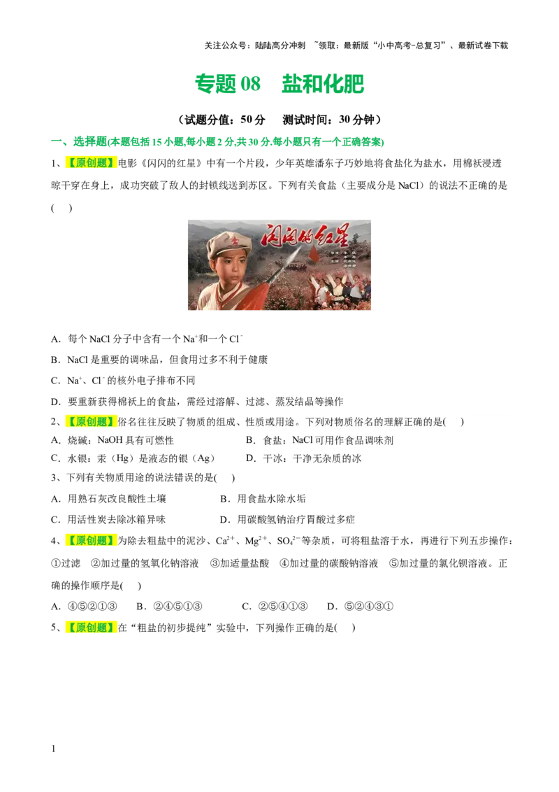 专题08盐化肥（测试）-2024年中考化学一轮复习讲练测（全国通用）（原卷版）_02中考总复习（2026版更新中）_05-化学-中考总复习_2024年中考复习资料_一轮复习资料