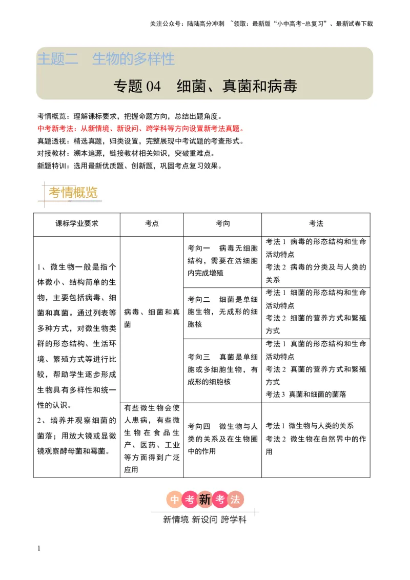 专题04细菌、真菌和病毒（解析版）_02中考总复习（2026版更新中）_08-生物-中考总复习_2024年中考复习资料_专项复习_备战2024年中考生物真题题源解密