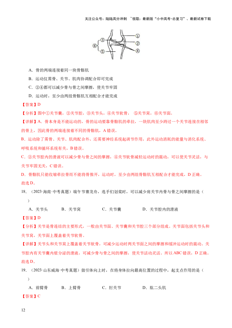 专题08动物的运动和行为（全国通用）（解析版）_02中考总复习（2026版更新中）_08-生物-中考总复习_2026年中考复习（更新中）