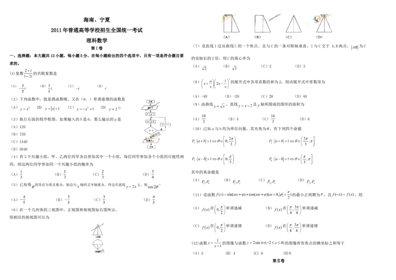 2011年海南省高考数学（原卷版）（理科）_全国卷+地方卷_2.数学_1.数学高考真题试卷_2008-2020年_地方卷_海南高考数学08-22_A3word版_原卷版（建议只打印原卷版，答案版手机对答案即可）