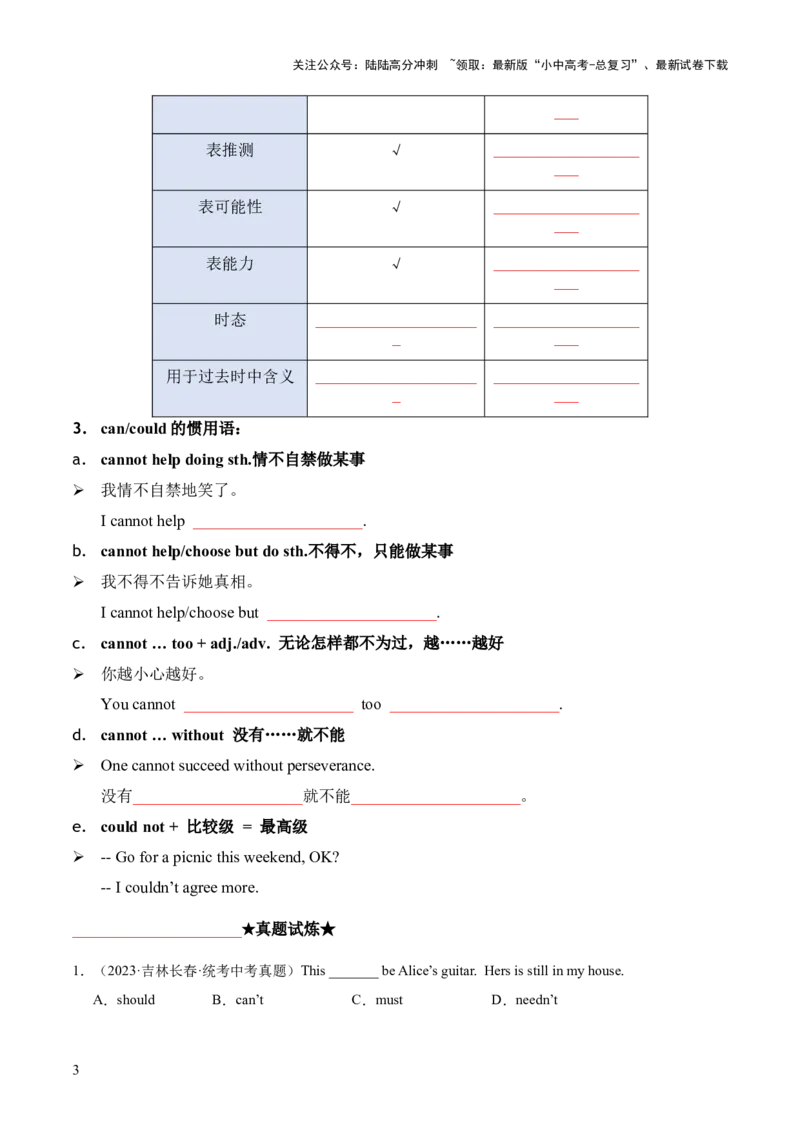 专题04情态动词知识梳理-口袋书2024年中考英语一轮复习知识清单（全国通用）（原卷版）_02中考总复习（2026版更新中）_03-英语-中考总复习_2024年中考复习资料_一轮复习