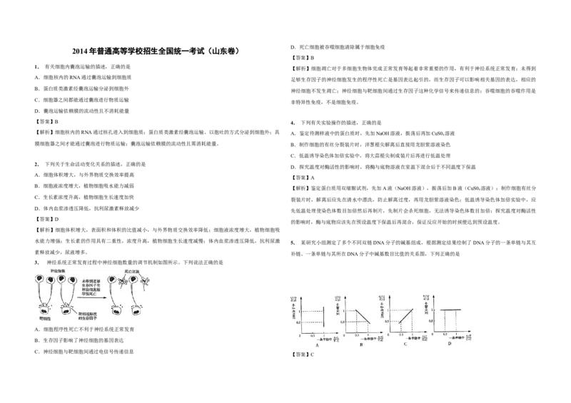 2014年高考真题生物（山东卷）（解析版）_全国卷+地方卷_6.生物_1.生物高考真题试卷_2008-2020年_地方卷_山东高考生物08-21_山东高考生物_A3版