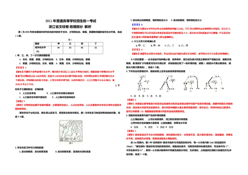 2011年浙江省高考地理（解析版）_全国卷+地方卷_8.地理_1.地理高考真题试卷_2008-2020年_地方卷_浙江高考地理08-21_A3word版