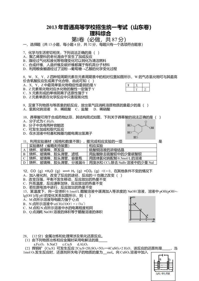 2013年高考真题化学（山东卷）（原卷版）_全国卷+地方卷_5.化学_1.化学高考真题试卷_2008-2020年_地方卷_山东高考化学2008-2021_山东高考化学_A4版