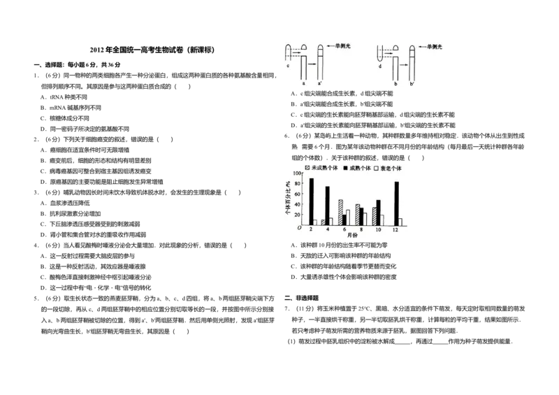 2012年全国统一高考生物真题（新课标）（原卷版）_全国卷+地方卷_6.生物_1.生物高考真题试卷_2008-2020年_全国卷_全国统一高考生物（新课标ⅰ）08-21_A3word版