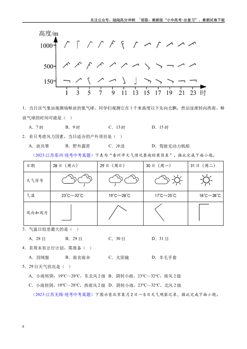 专题05天气与气候（梯级进阶练）（原卷版）_02中考总复习（2026版更新中）_09-地理-中考总复习_2024年中考复习资料_一轮复习_❤2024年中考地理一轮复习讲练测（全国通用）_配套练习
