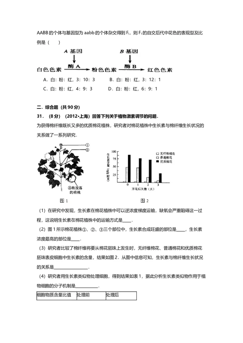 2012年上海市高中毕业统一学业考试生物试卷（word解析版）_全国卷+地方卷_6.生物_1.生物高考真题试卷_2008-2020年_地方卷_上海高考生物真题01-20