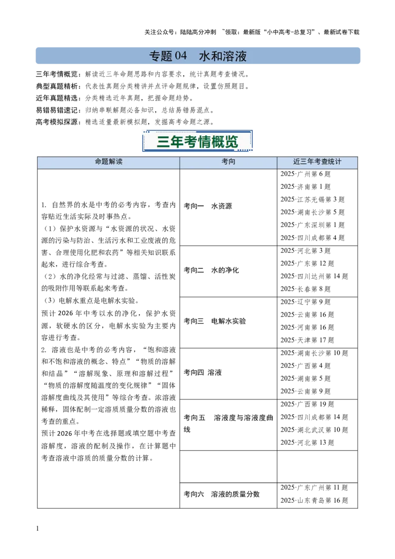 专题04水和溶液（原卷版）_02中考总复习（2026版更新中）_05-化学-中考总复习_2026年中考复习（更新中）_备战2026年中考化学真题题源解密