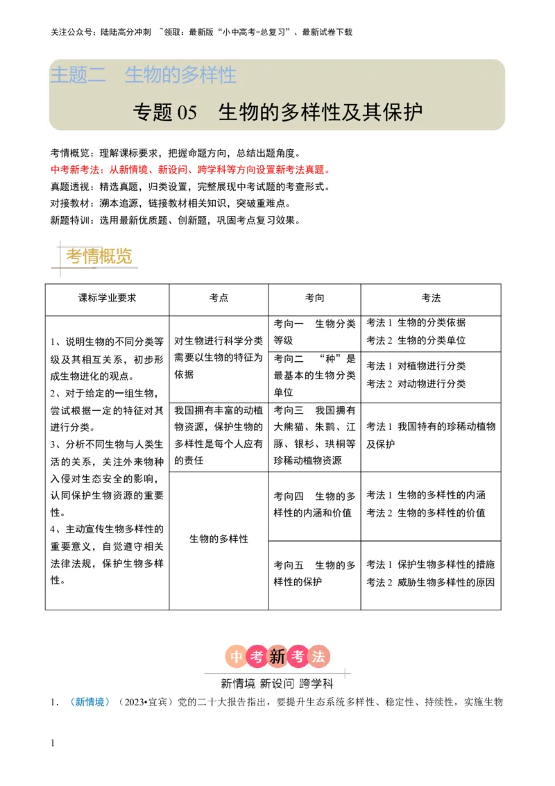 专题05生物的多样性及其保护（原卷版）_02中考总复习（2026版更新中）_08-生物-中考总复习_2024年中考复习资料_专项复习_备战2024年中考生物真题题源解密