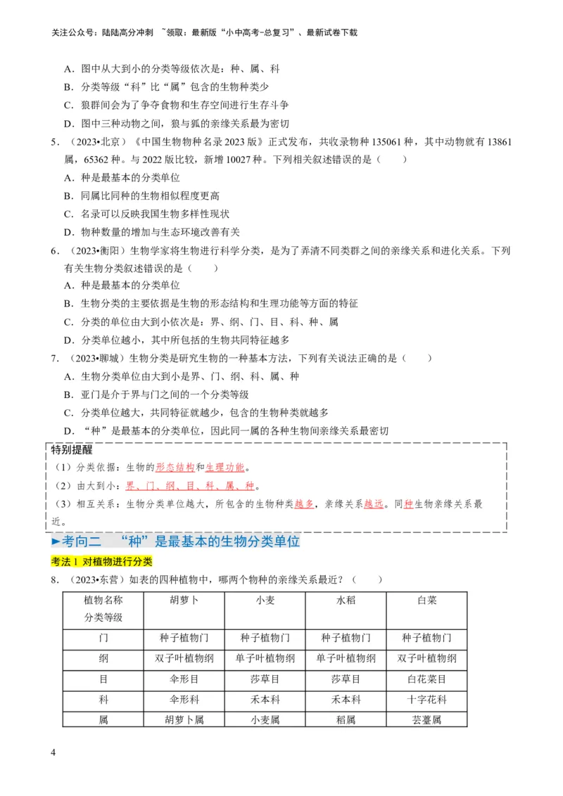 专题05生物的多样性及其保护（原卷版）_02中考总复习（2026版更新中）_08-生物-中考总复习_2024年中考复习资料_专项复习_备战2024年中考生物真题题源解密