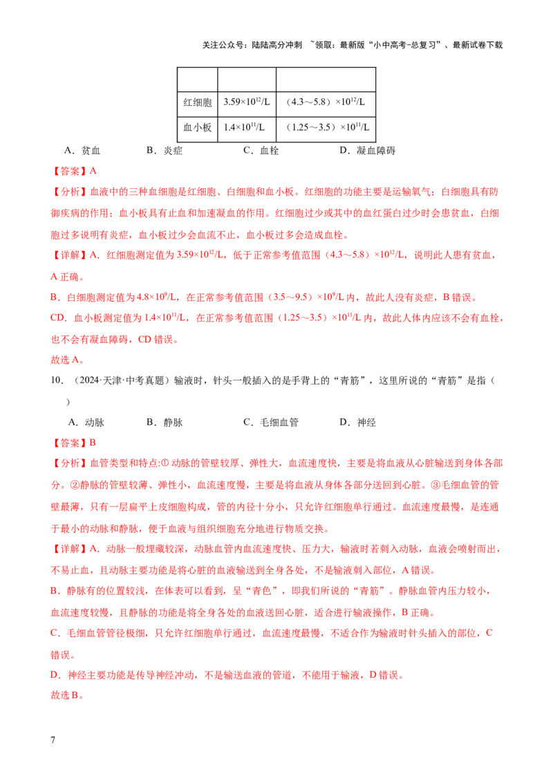 专题06人体内物质的运输及废物的排出（全国通用）（解析版）_02中考总复习（2026版更新中）_08-生物-中考总复习_2026年中考复习（更新中）