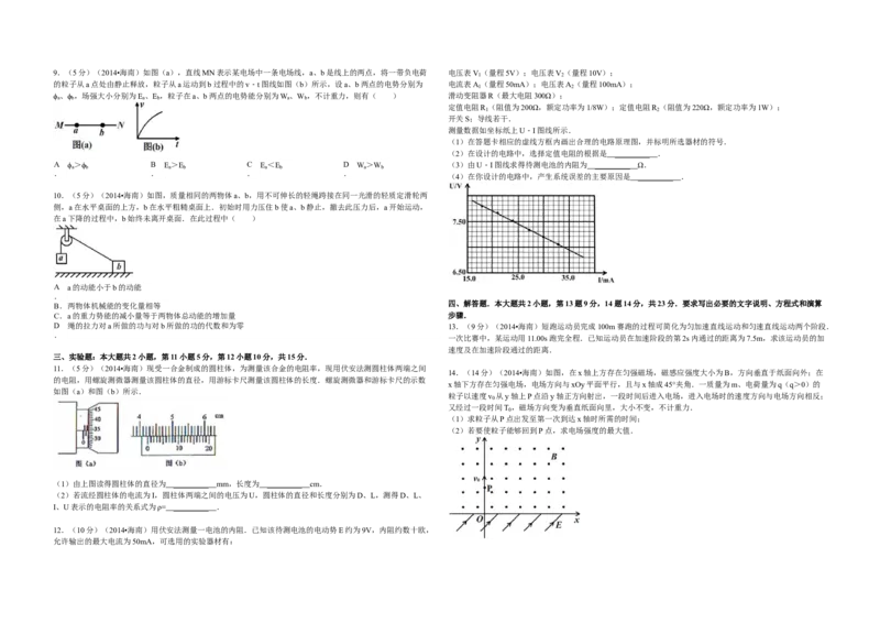 2014年海南高考物理（原卷版）_全国卷+地方卷_4.物理_1.物理高考真题试卷_2008-2020年_地方卷_海南高考物理08-20_A3word版_原卷版（建议只打印原卷版，答案版手机对答案即可）