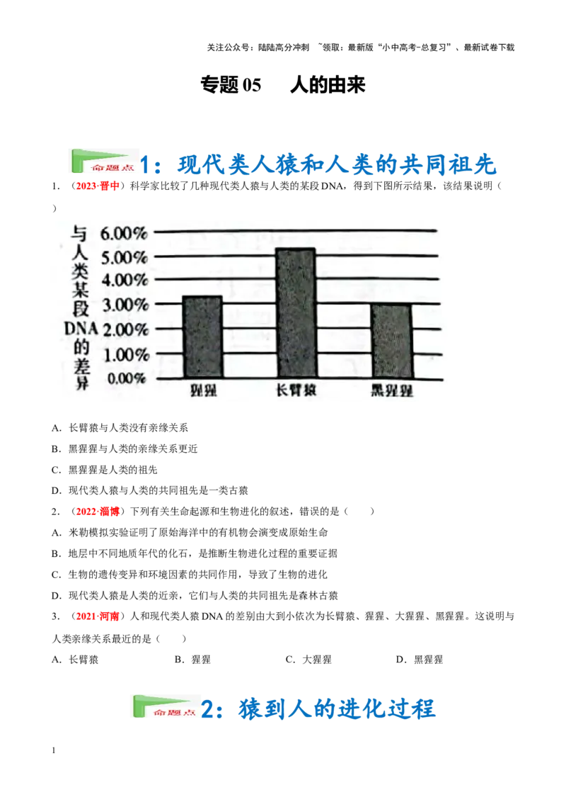 专题05&nbsp;人的由来（原卷版）_02中考总复习（2026版更新中）_08-生物-中考总复习_2024年中考复习资料_专项复习_完三年（2021-2023）中考生物真题分项汇编（全国通用）