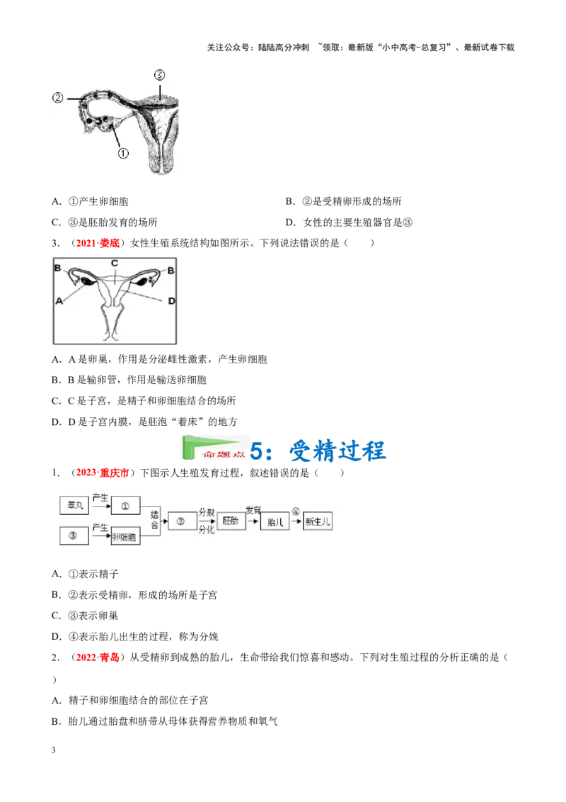专题05&nbsp;人的由来（原卷版）_02中考总复习（2026版更新中）_08-生物-中考总复习_2024年中考复习资料_专项复习_完三年（2021-2023）中考生物真题分项汇编（全国通用）