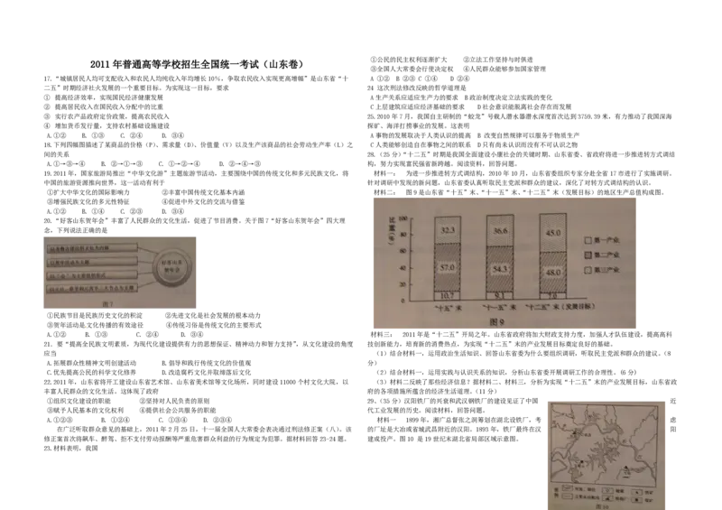 2011年高考真题政治（山东卷）（解析版）_全国卷+地方卷_9.政治_1.政治高考真题试卷_2008-2020年_地方卷_山东高考政治08-21_山东高考政治_A3版_PDF版