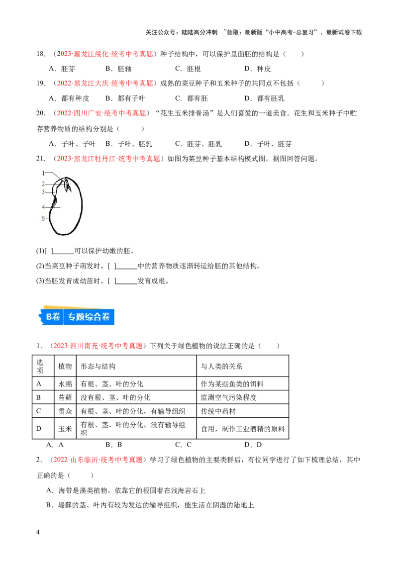 专题04生物圈中有哪些绿色植物（原卷版）_02中考总复习（2026版更新中）_08-生物-中考总复习_2024年中考复习资料_一轮复习_❤备战2024年中考生物一轮复习考点帮（全国通用）_练习