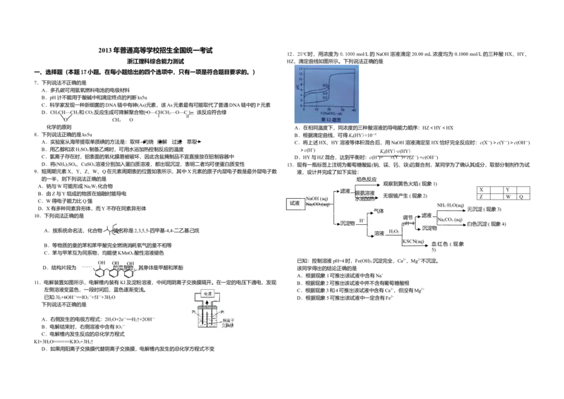 2013年浙江省高考化学（原卷版）_全国卷+地方卷_5.化学_1.化学高考真题试卷_2008-2020年_地方卷_浙江高考化学2008-2021_A3word版_原卷版（建议只打印原卷版，解析版手机对答案即可）