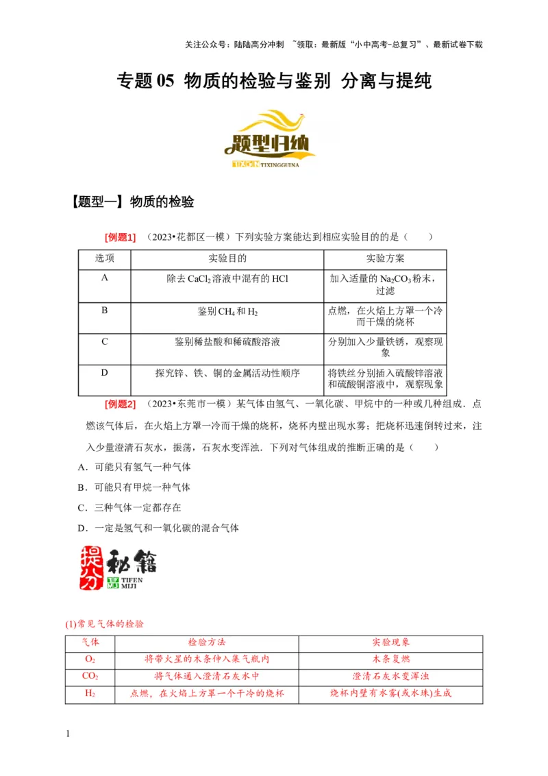 专题05物质的检验与鉴别分离与提纯（原卷版）_02中考总复习（2026版更新中）_05-化学-中考总复习_2024年中考复习资料_二轮复习资料_2024年中考化学二轮专项复习核心考点讲解与必刷题型