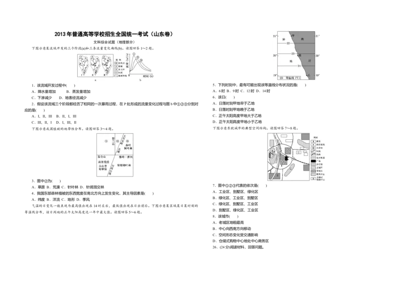 2013年高考真题地理（山东卷）（原卷版）_全国卷+地方卷_8.地理_1.地理高考真题试卷_2008-2020年_地方卷_山东高考地理08-21_山东高考地理_A3版