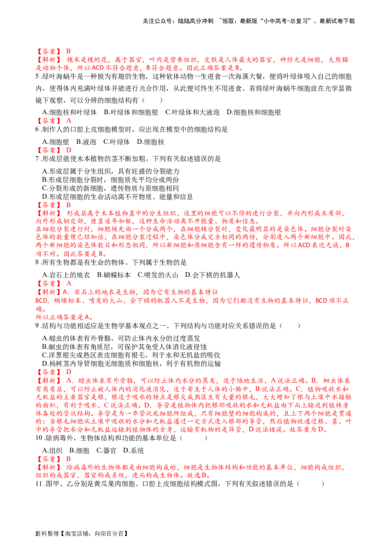 专题04观察生物的结构（解析版）_02中考总复习（2026版更新中）_08-生物-中考总复习_2024年中考复习资料_一轮复习_配套练习_教师版（含答案解析）