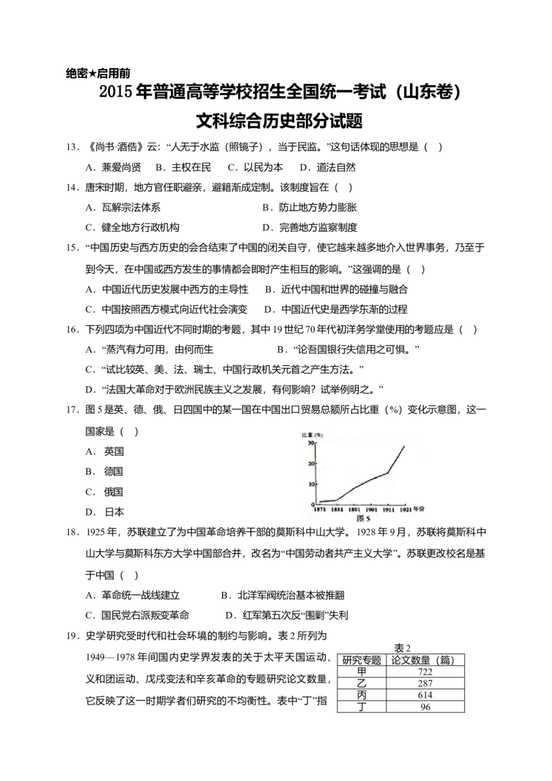 2015年高考真题历史（山东卷）（原卷版）_全国卷+地方卷_7.历史_1.历史高考真题试卷_2008-2020年_地方卷_山东高考历史07-21_山东高考历史_A4版