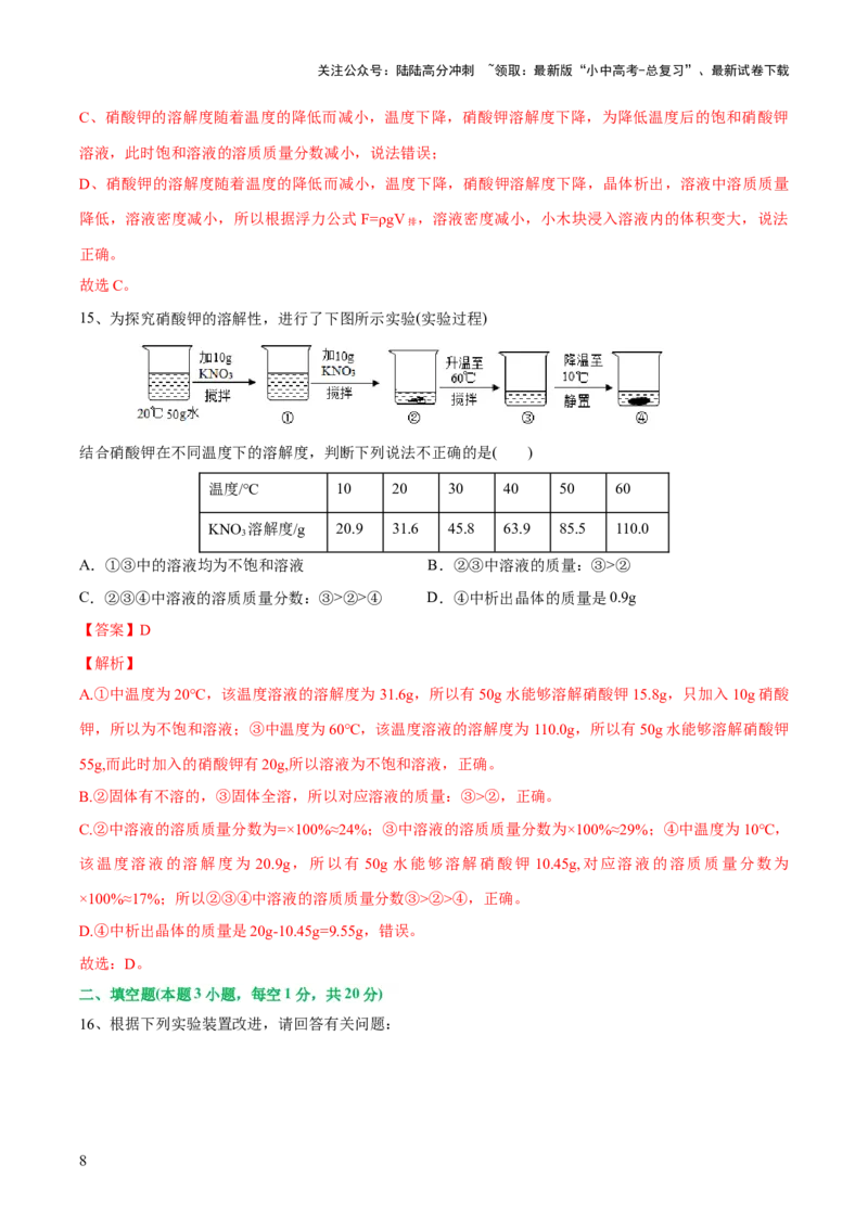 专题05水和溶液（测试）-2024年中考化学一轮复习讲练测（全国通用）（解析版）_02中考总复习（2026版更新中）_05-化学-中考总复习_2024年中考复习资料_一轮复习资料