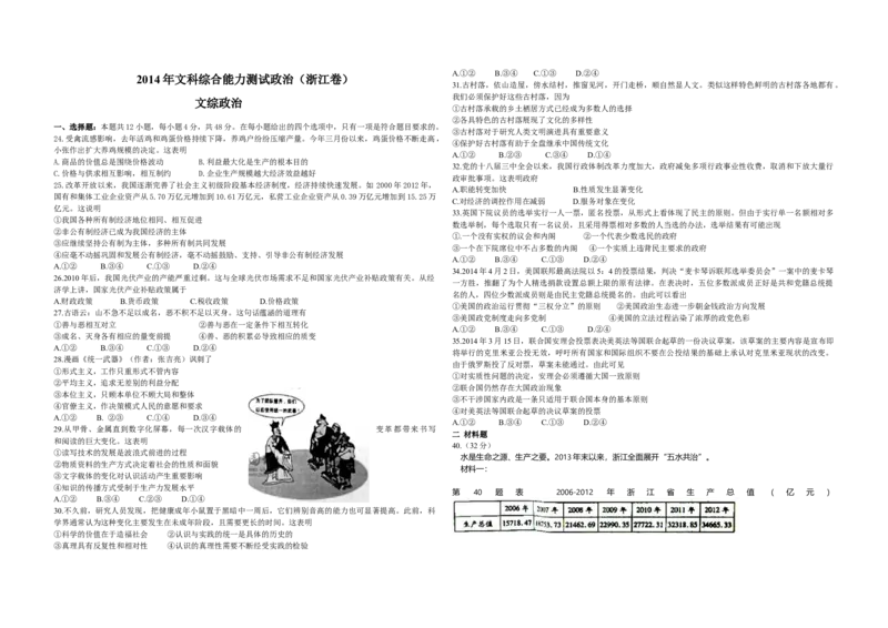 2014年浙江省高考政治（原卷版）_全国卷+地方卷_9.政治_1.政治高考真题试卷_2008-2020年_地方卷_浙江高考政治08-21_A3word版_原卷版