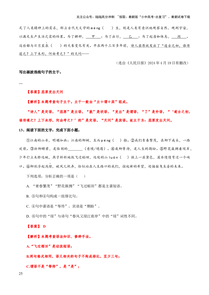 专题05语法（词语、短语、句子）(解析版）_02中考总复习（2026版更新中）_01-语文-中考总复习_2025年中考资料_备战2025年中考语文一轮复习考点突破（全国通用）