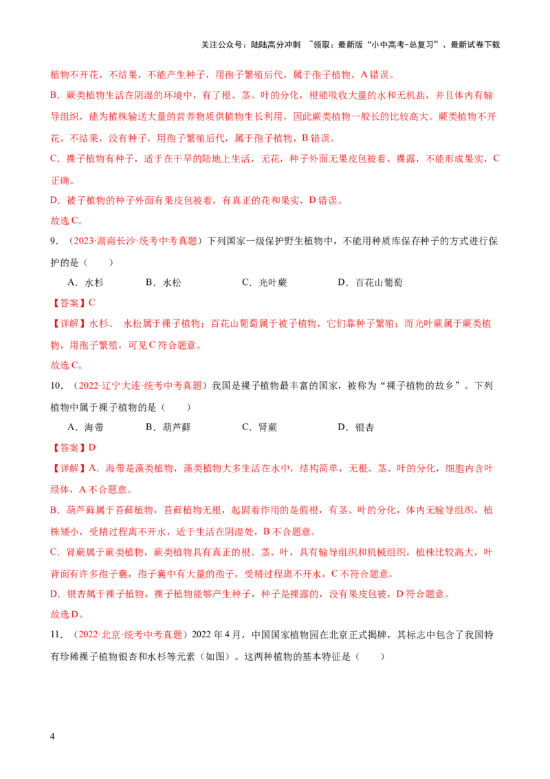 专题04生物圈中有哪些绿色植物（解析版）_02中考总复习（2026版更新中）_08-生物-中考总复习_2024年中考复习资料_一轮复习_❤备战2024年中考生物一轮复习考点帮（全国通用）_练习