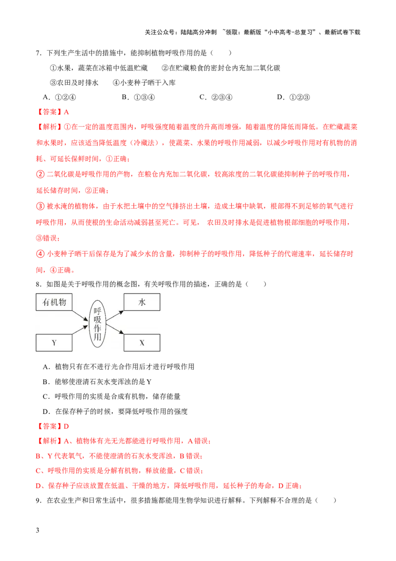 专题08绿色植物的呼吸作用（练习）（解析版）_02中考总复习（2026版更新中）_08-生物-中考总复习_2024年中考复习资料_一轮复习_❤2024年中考生物一轮复习讲练测（全国通用）_练习